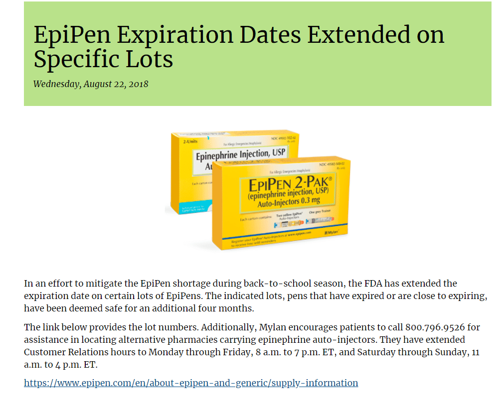 EpiPen Expiration Dates Extended on Specific Lots Carolina Asthma