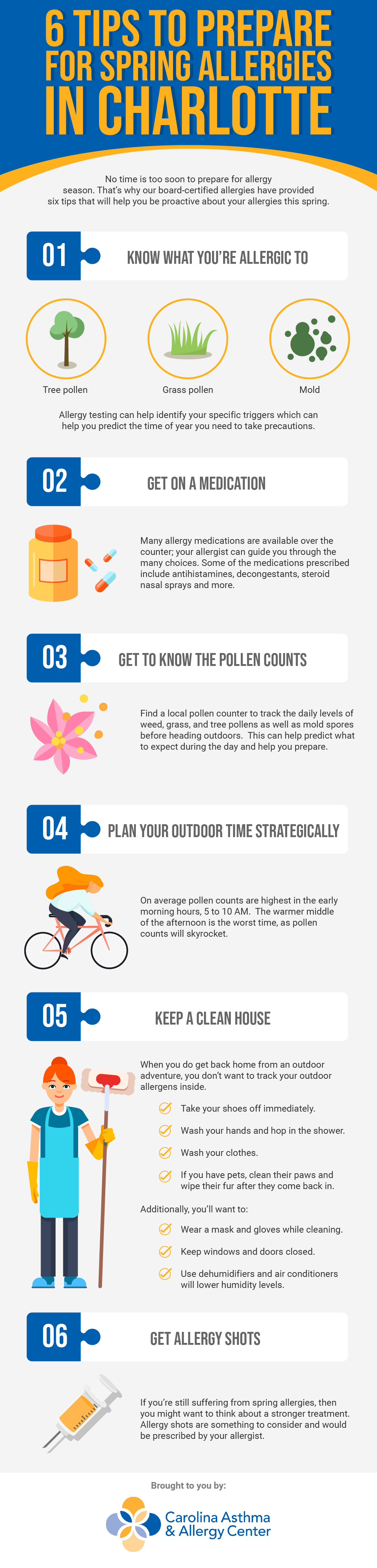 Infographic demonstrating six tips to prepare for spring allergies by Carolina Asthma & Allergy Center