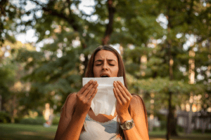 woman sneezing from pollen allergy