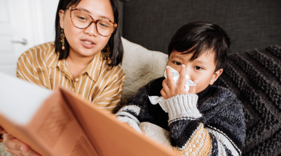woman reading to child with allergies